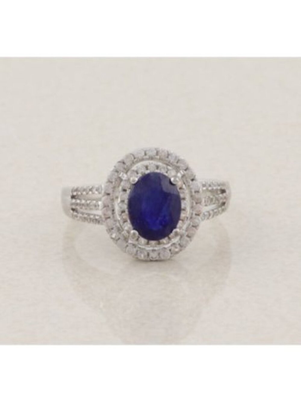 Sterling Silver Natural Dark Blue Sapphire & White Zircon Halo Ring Size 10 1/4